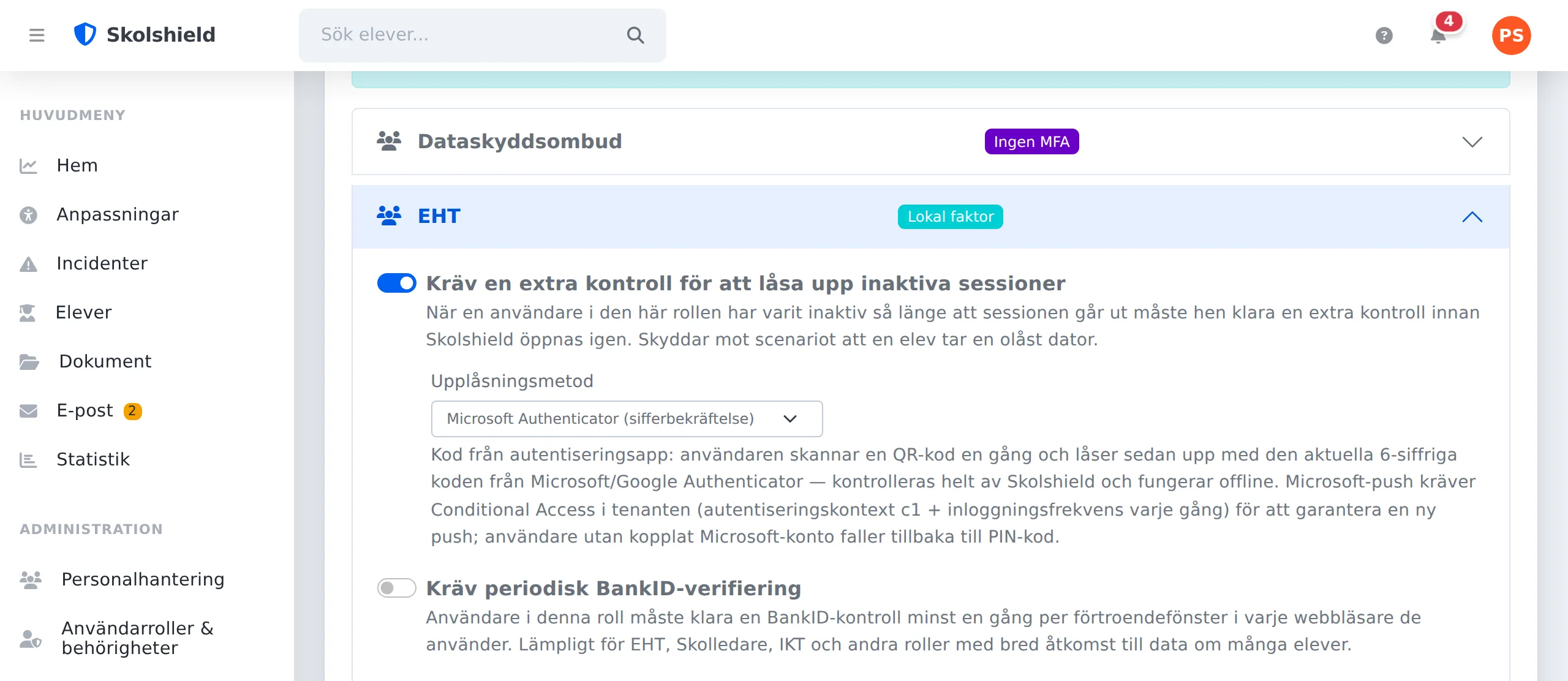 Säkerhetspolicy per roll i Skolshield